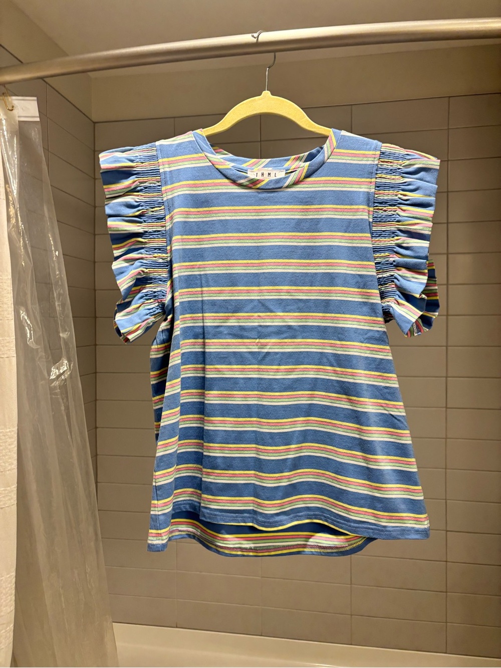 Striped Ruffle Sleeve Top - Blue
